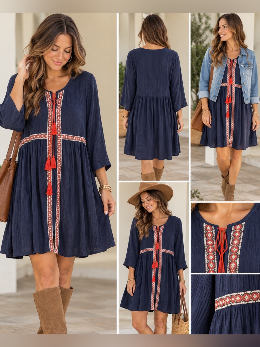 Old Navy Boho Embroidered Tassel Dress Navy Size L EUC